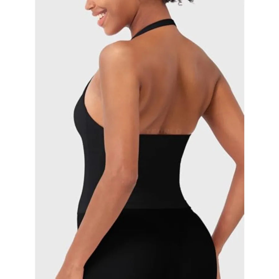 SoftHue Women's Impact Halter Tank Top Longline Backless Scoop Neck Built-in Bra Sports Workout Gym Crop Top