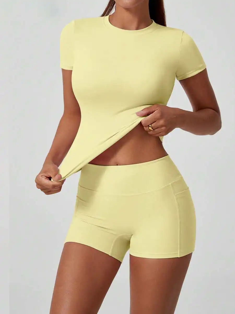 Women's Sweet Sports Short Sleeve High Waist Tummy Control Butt Lifting Shorts Set