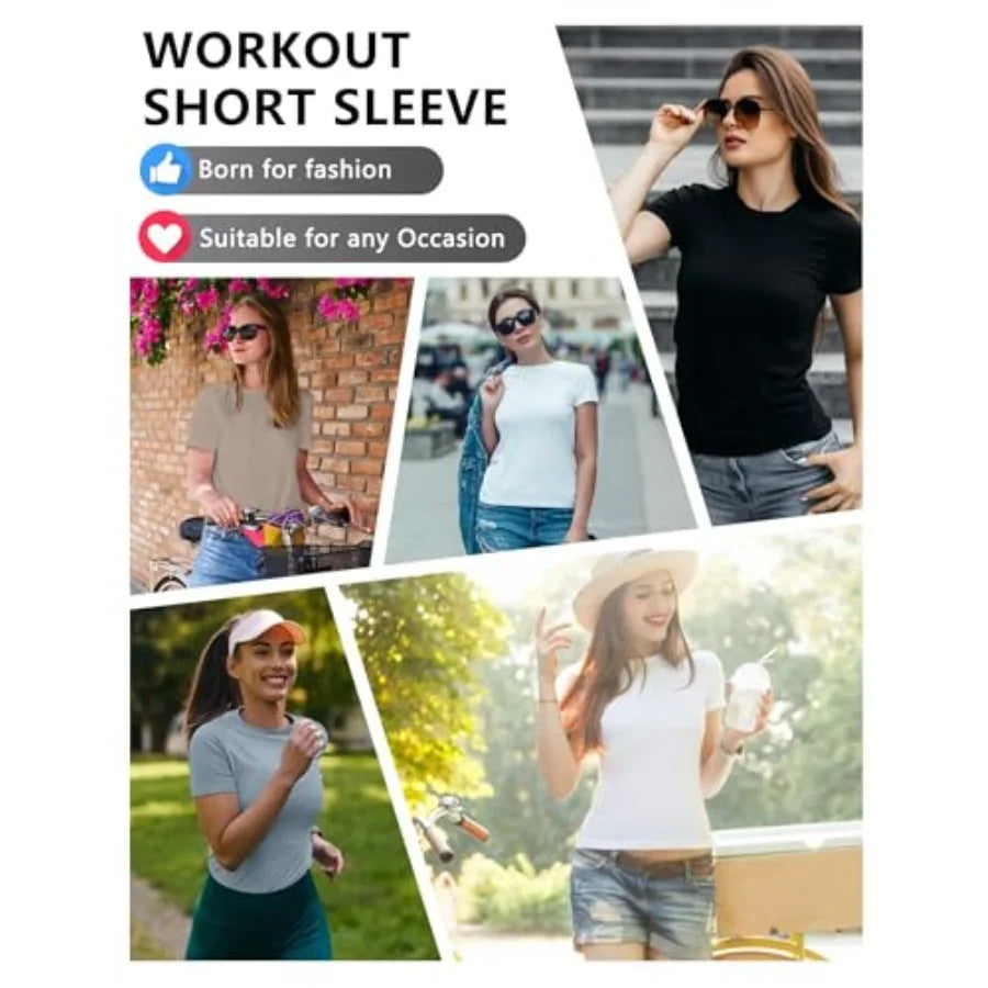 Women's 4 Pack Workout Shirts Compression Short Sleeve Crew Neck Running Yoga Gym Athletic Fitted Crop T-Shirts Top