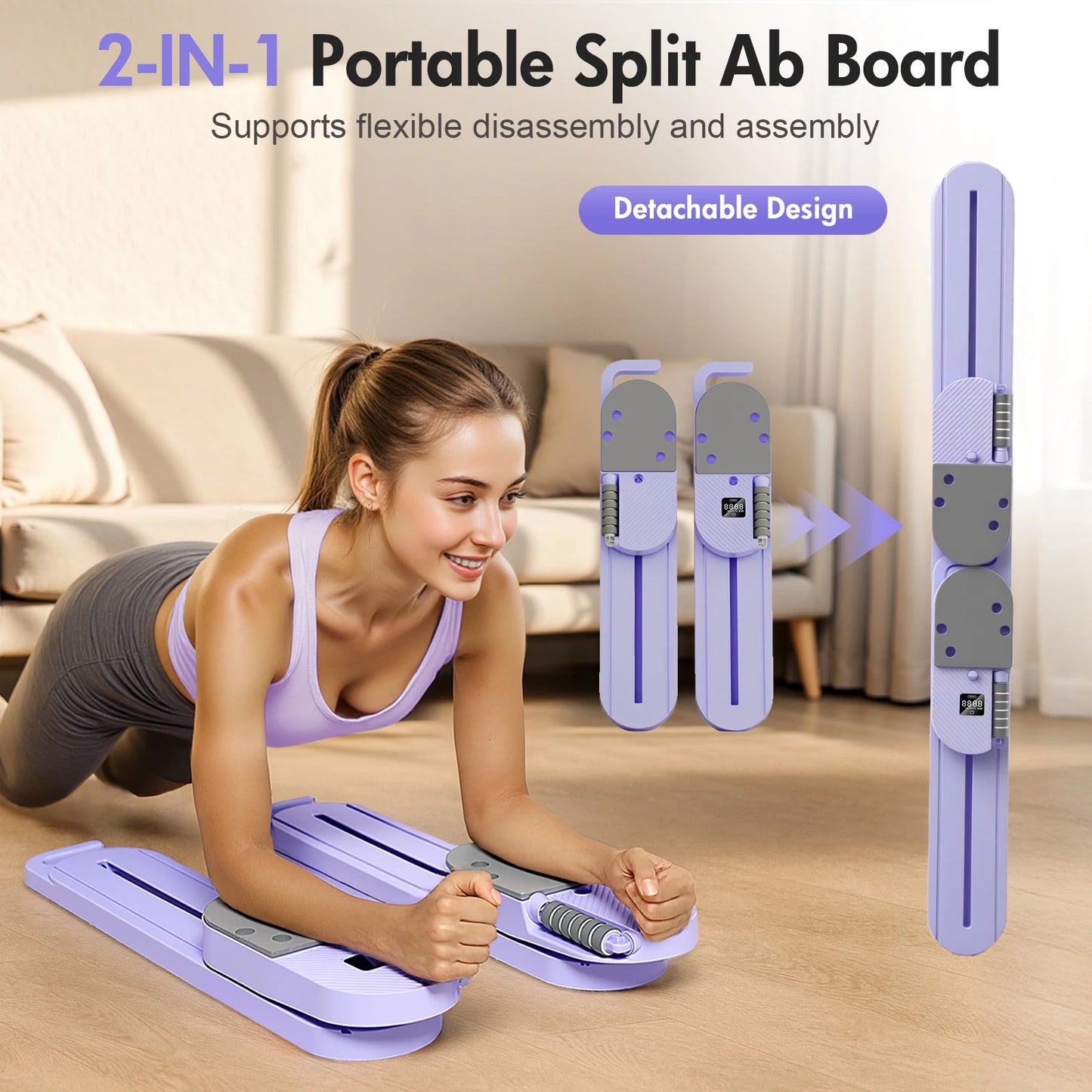 2-in-1 Split Ab Pilates Portable Ski Board Core/Leg Abdominal Strength Trainer Workout Foldable Full-Body Fitness for Home Gym