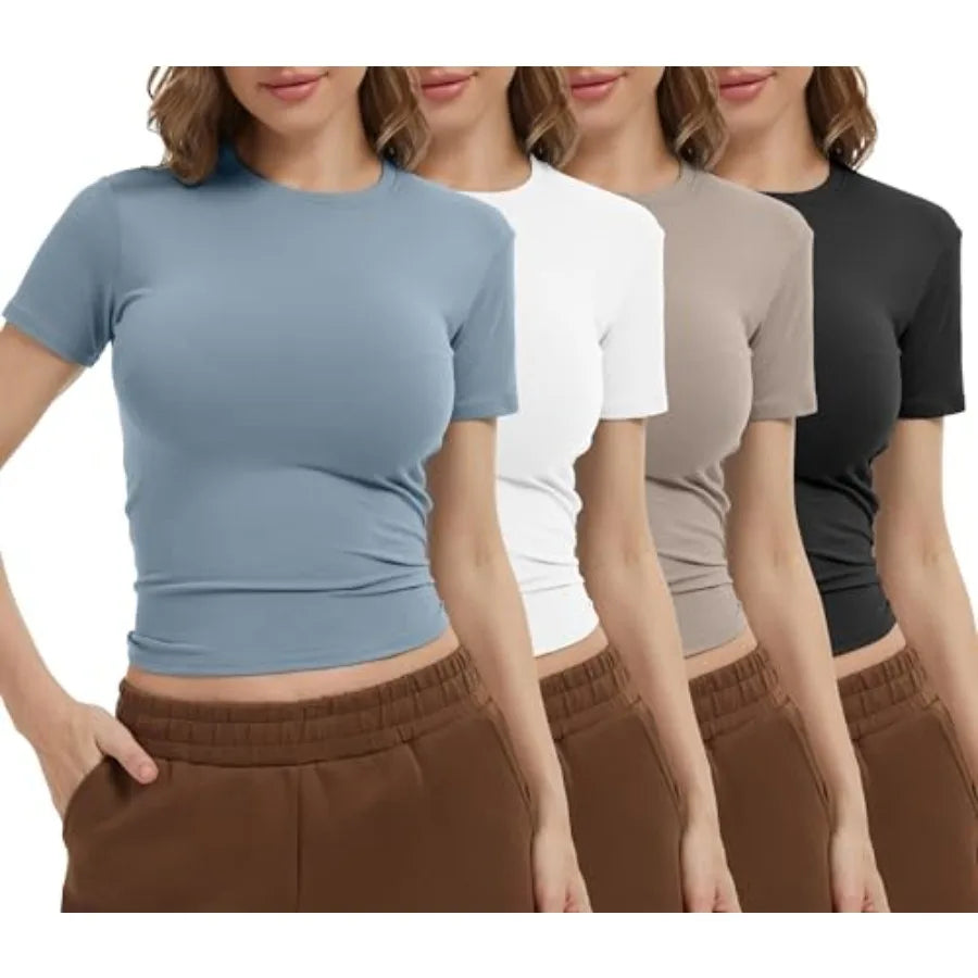 Women's 4 Pack Workout Shirts Compression Short Sleeve Crew Neck Running Yoga Gym Athletic Fitted Crop T-Shirts Top