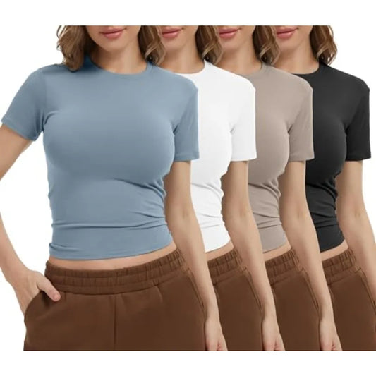 Women's 4 Pack Workout Shirts Compression Short Sleeve Crew Neck Running Yoga Gym Athletic Fitted Crop T-Shirts Top