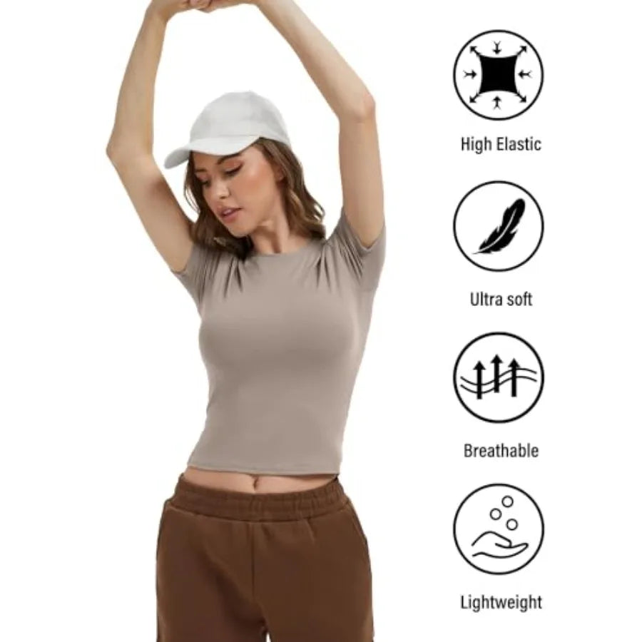 Women's 4 Pack Workout Shirts Compression Short Sleeve Crew Neck Running Yoga Gym Athletic Fitted Crop T-Shirts Top