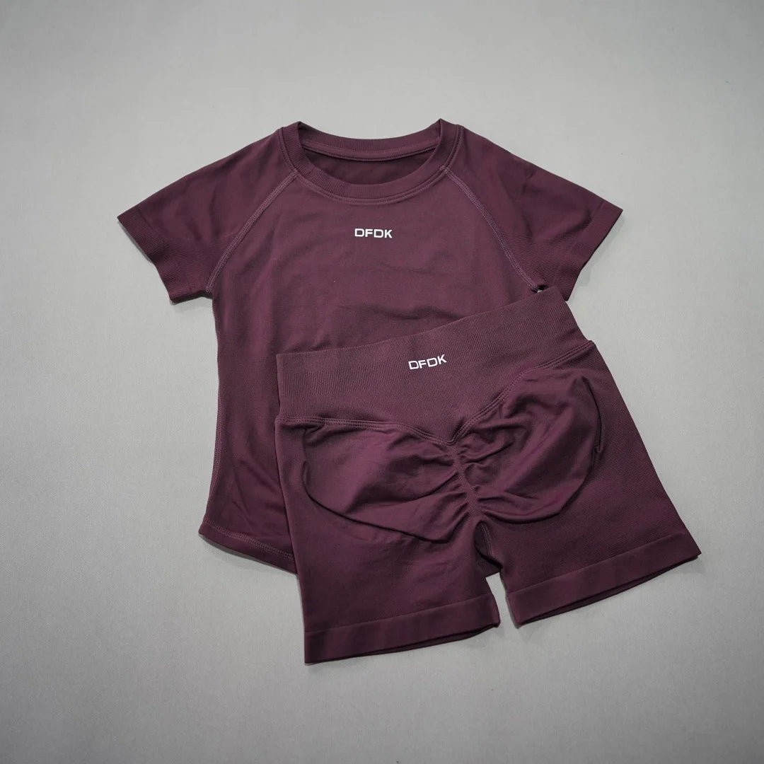 DFDK New Women 2PCS Seamless Yoga Suit Short Sleeve Top High Waist Shorts Quick Dry Breathable Gym Fitness Running Workout Sport