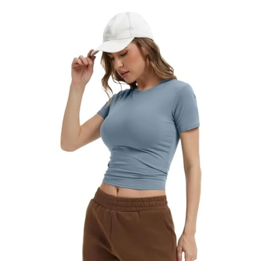Women's 4 Pack Workout Shirts Compression Short Sleeve Crew Neck Running Yoga Gym Athletic Fitted Crop T-Shirts Top