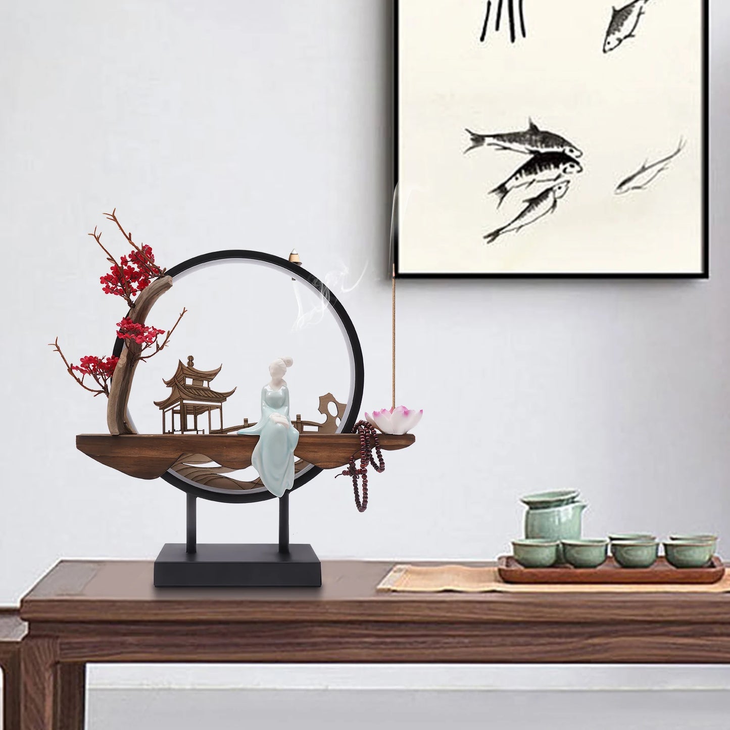 Home Decor Incense Holder with Light—Vivid Plants+Architecture(Tranquil Vibe), Fits Living Room/Office/Spa Adjustable Brightness