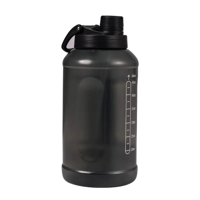 64 Fluid Ounces Water Bottle, Translucent Black, with Straw/ Chug 2 in 1 Lid, Light Weight, Reusable, Plastic