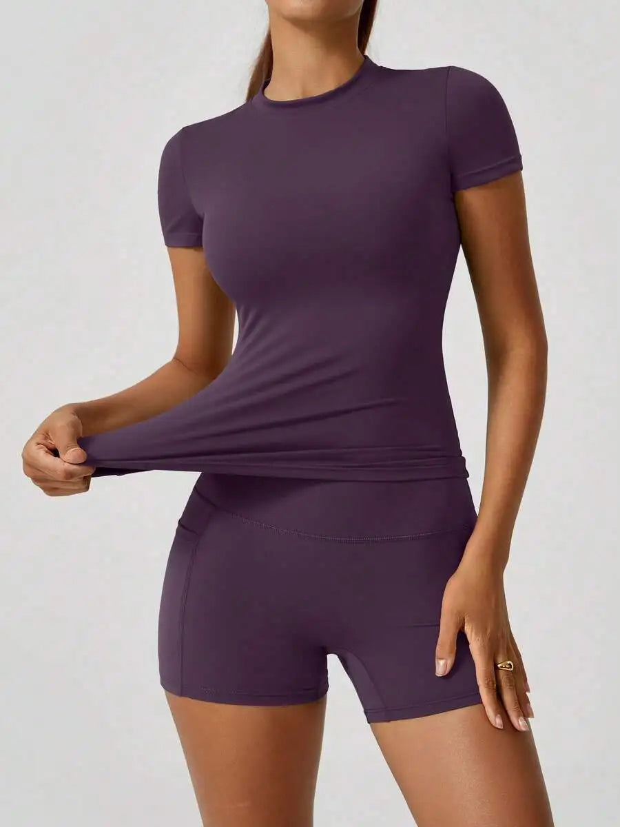 Women's Sweet Sports Short Sleeve High Waist Tummy Control Butt Lifting Shorts Set