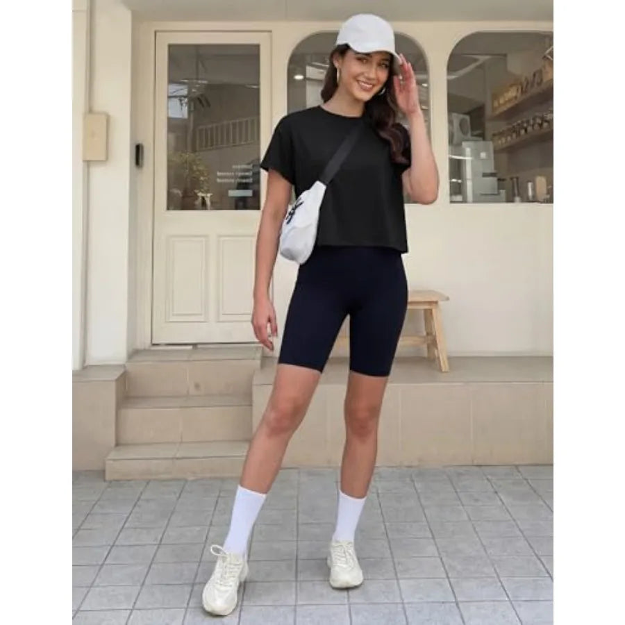 Workout Crop Tops for Women Short Sleeve Cotton Athletic Yoga Top Loose Casual Crewneck Cropped T Shirts