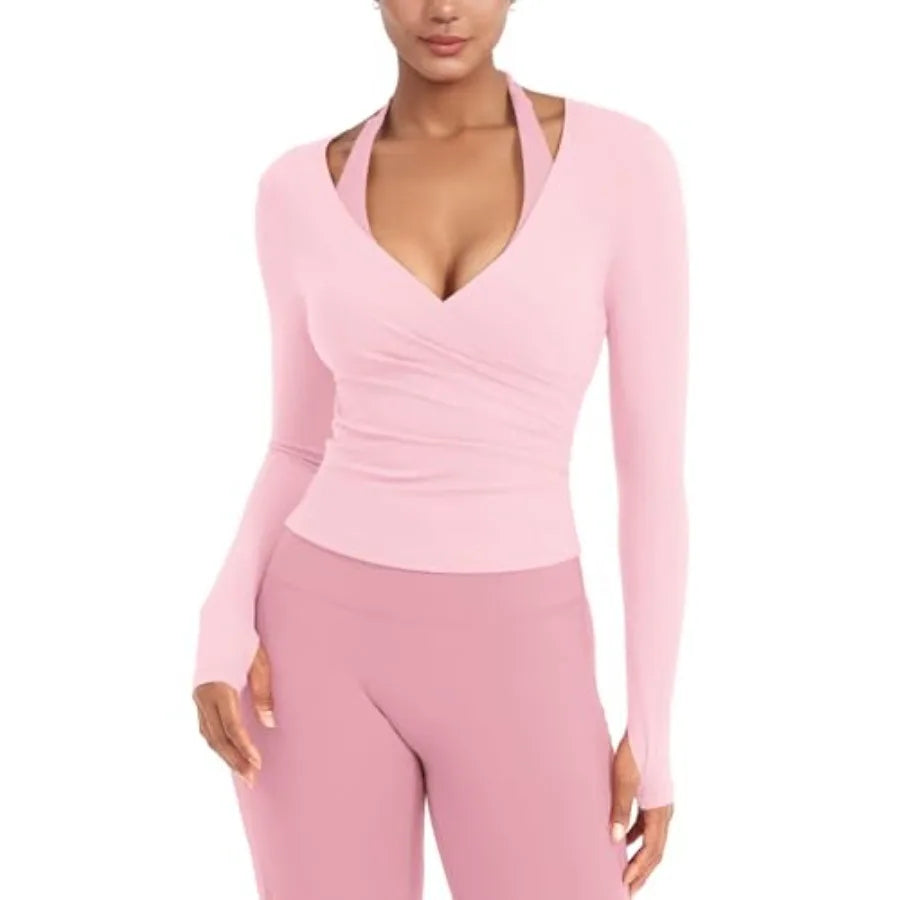 Ease Women Workout Wrap Top Long Sleeve with Thumb Holes V Neck Basic Shirts for Yoga Pilates Going Out Shrug Blouse