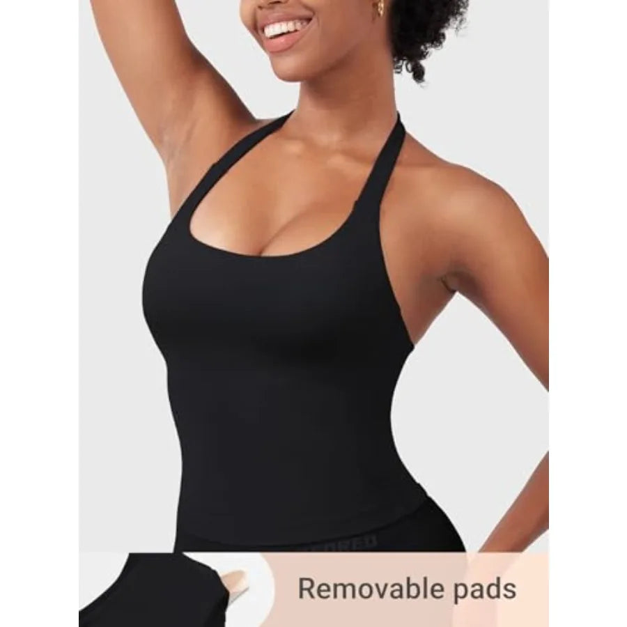 SoftHue Women's Impact Halter Tank Top Longline Backless Scoop Neck Built-in Bra Sports Workout Gym Crop Top