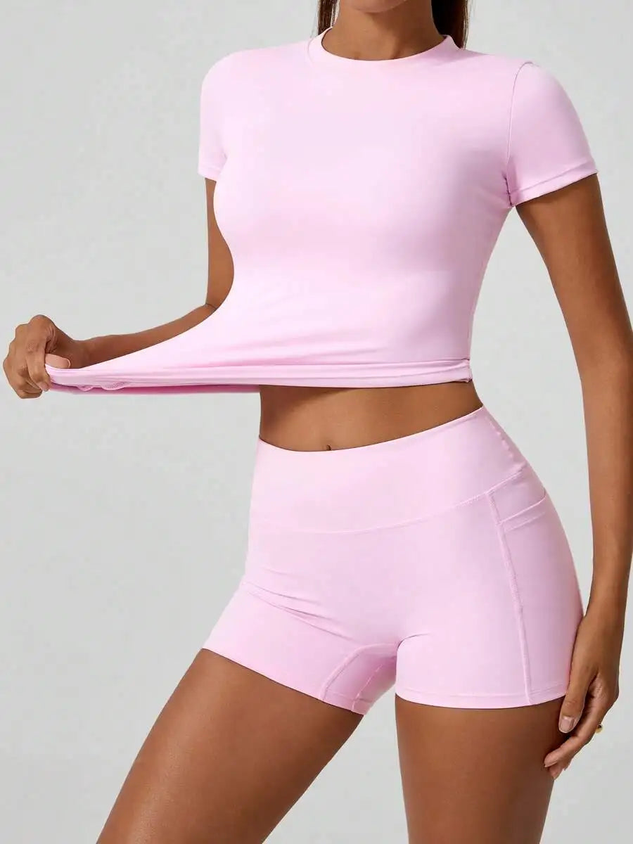 Women's Sweet Sports Short Sleeve High Waist Tummy Control Butt Lifting Shorts Set