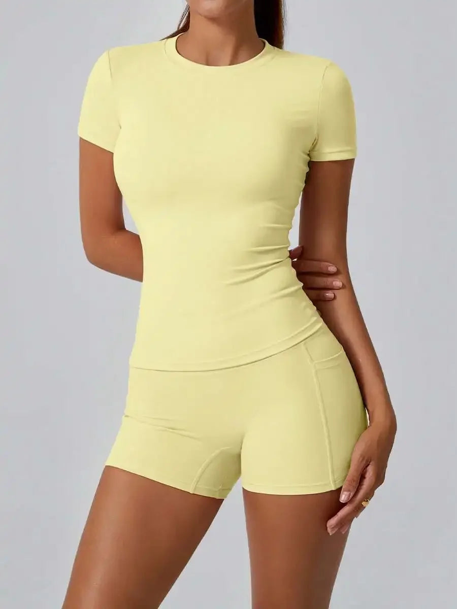 Women's Sweet Sports Short Sleeve High Waist Tummy Control Butt Lifting Shorts Set