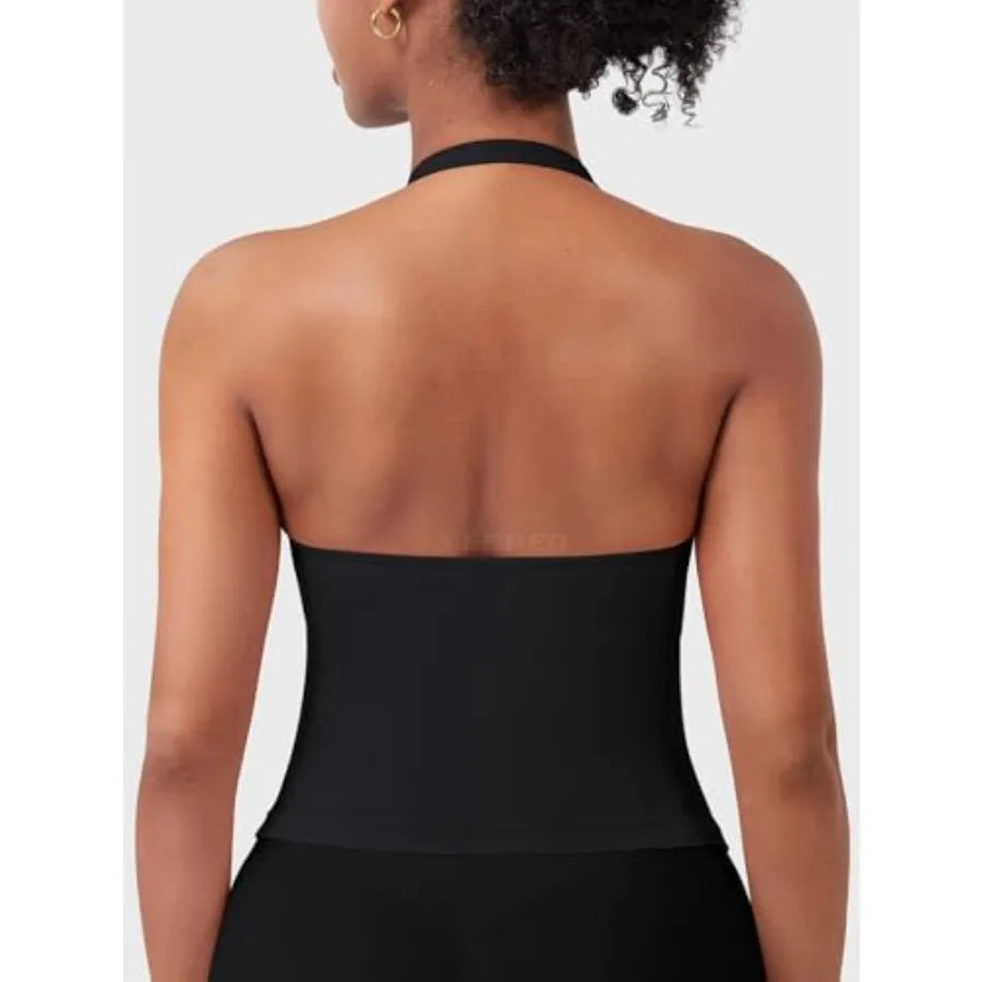 SoftHue Women's Impact Halter Tank Top Longline Backless Scoop Neck Built-in Bra Sports Workout Gym Crop Top