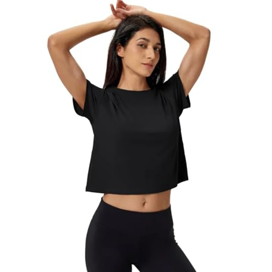 Workout Crop Tops for Women Short Sleeve Cotton Athletic Yoga Top Loose Casual Crewneck Cropped T Shirts