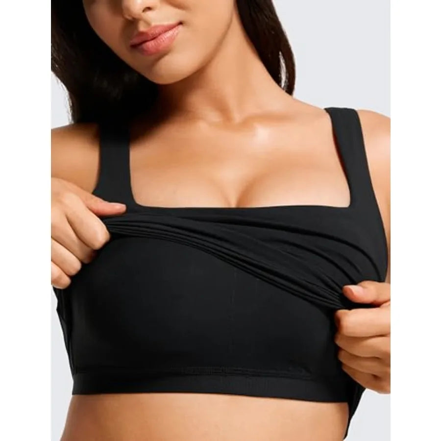 Square Neck Crop Tank Tops for Women - Workout Longline Sports Bras Padded Yoga Camisole