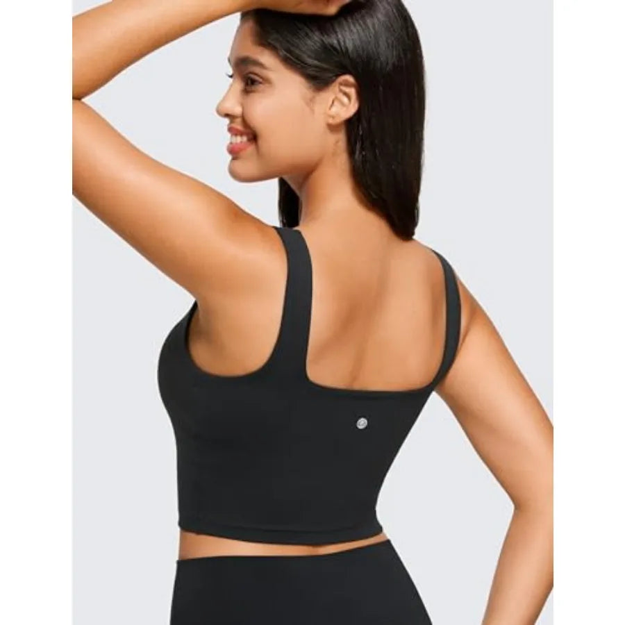 Square Neck Crop Tank Tops for Women - Workout Longline Sports Bras Padded Yoga Camisole