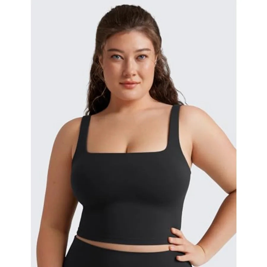 Square Neck Crop Tank Tops for Women - Workout Longline Sports Bras Padded Yoga Camisole
