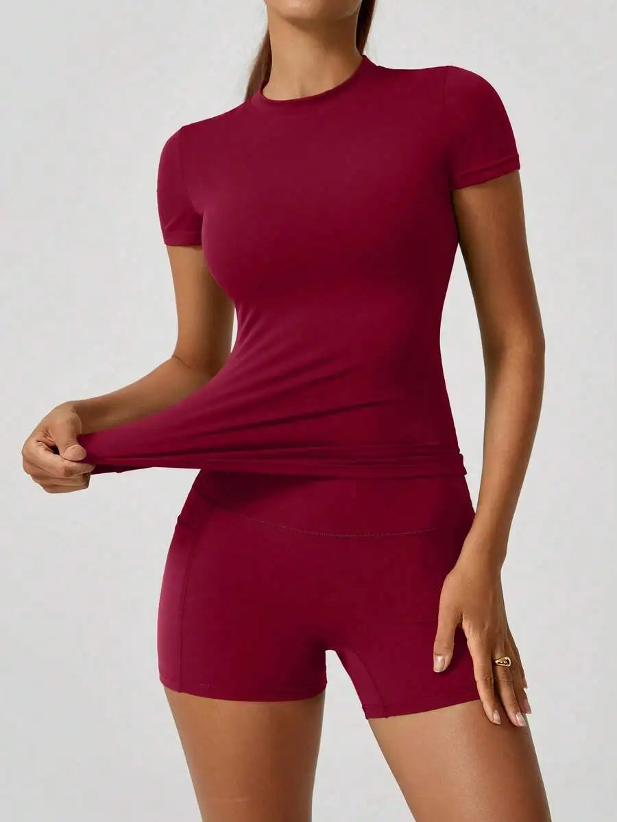Women's Sweet Sports Short Sleeve High Waist Tummy Control Butt Lifting Shorts Set
