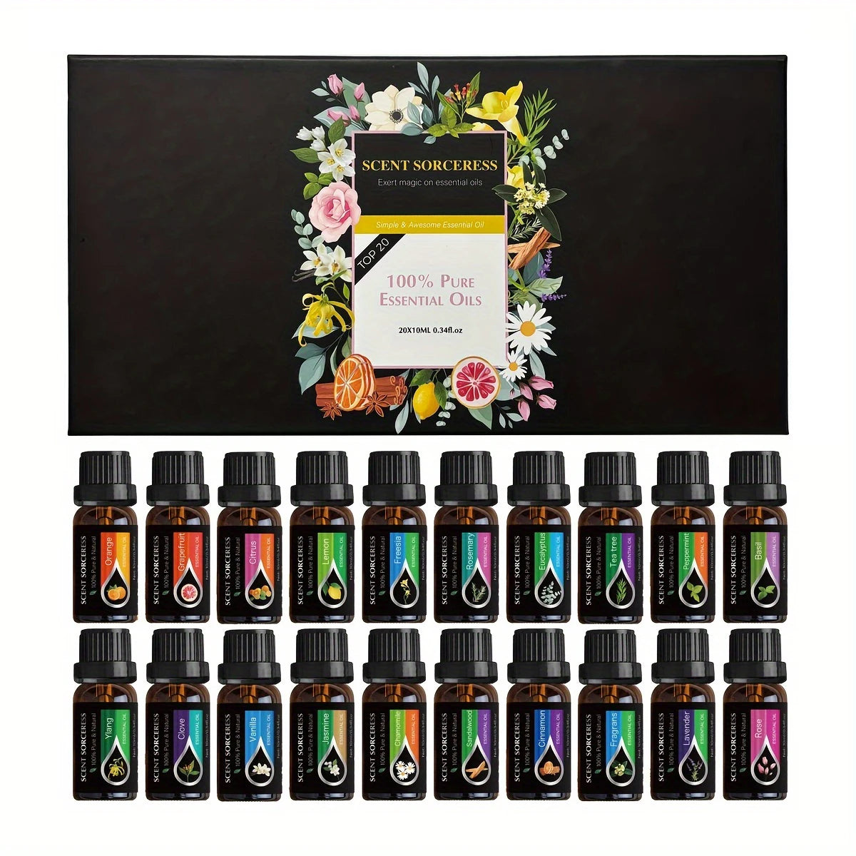 20pcs/set Black Classic Essential Oil Set Lavender Eucalyptus Sweet Orange Lemon Fragrance Oil Spa Body Massage Essential Oils