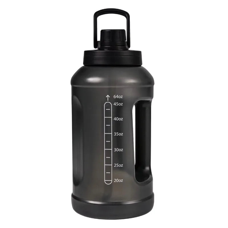 64 Fluid Ounces Water Bottle, Translucent Black, with Straw/ Chug 2 in 1 Lid, Light Weight, Reusable, Plastic