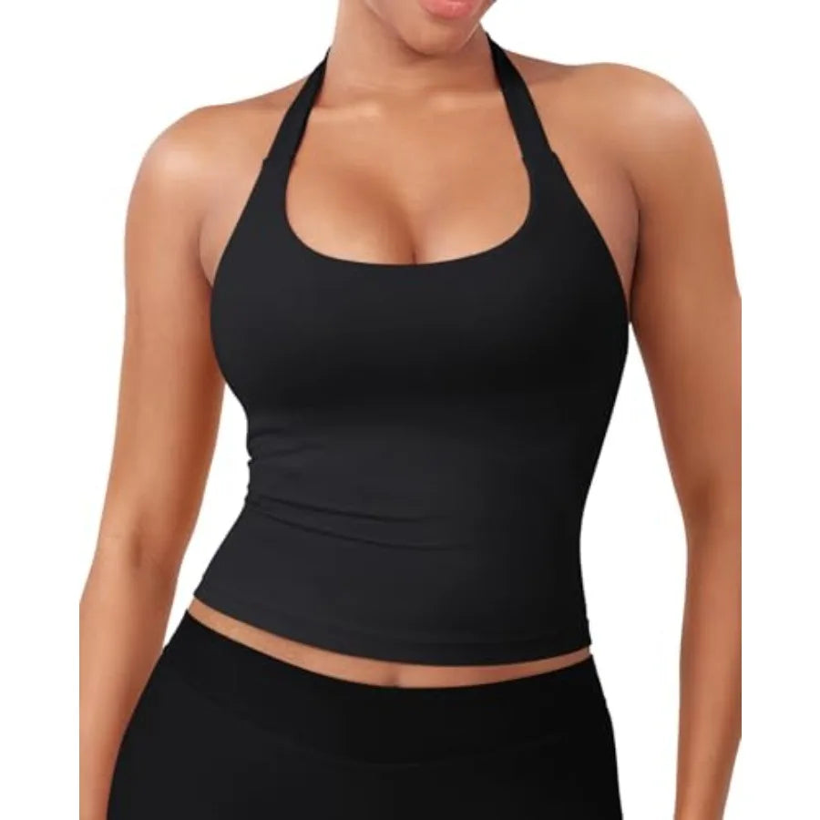 SoftHue Women's Impact Halter Tank Top Longline Backless Scoop Neck Built-in Bra Sports Workout Gym Crop Top