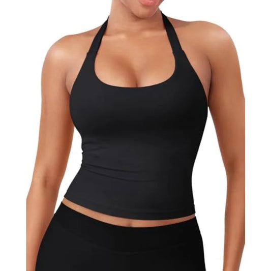 SoftHue Women's Impact Halter Tank Top Longline Backless Scoop Neck Built-in Bra Sports Workout Gym Crop Top