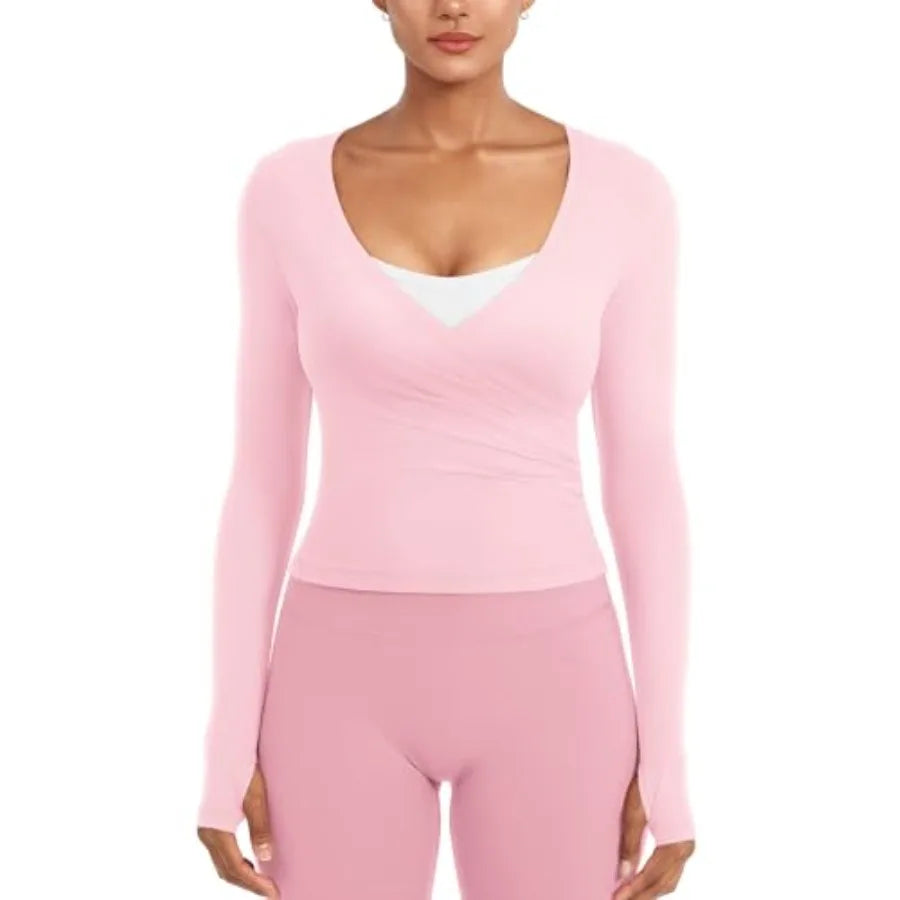 Ease Women Workout Wrap Top Long Sleeve with Thumb Holes V Neck Basic Shirts for Yoga Pilates Going Out Shrug Blouse