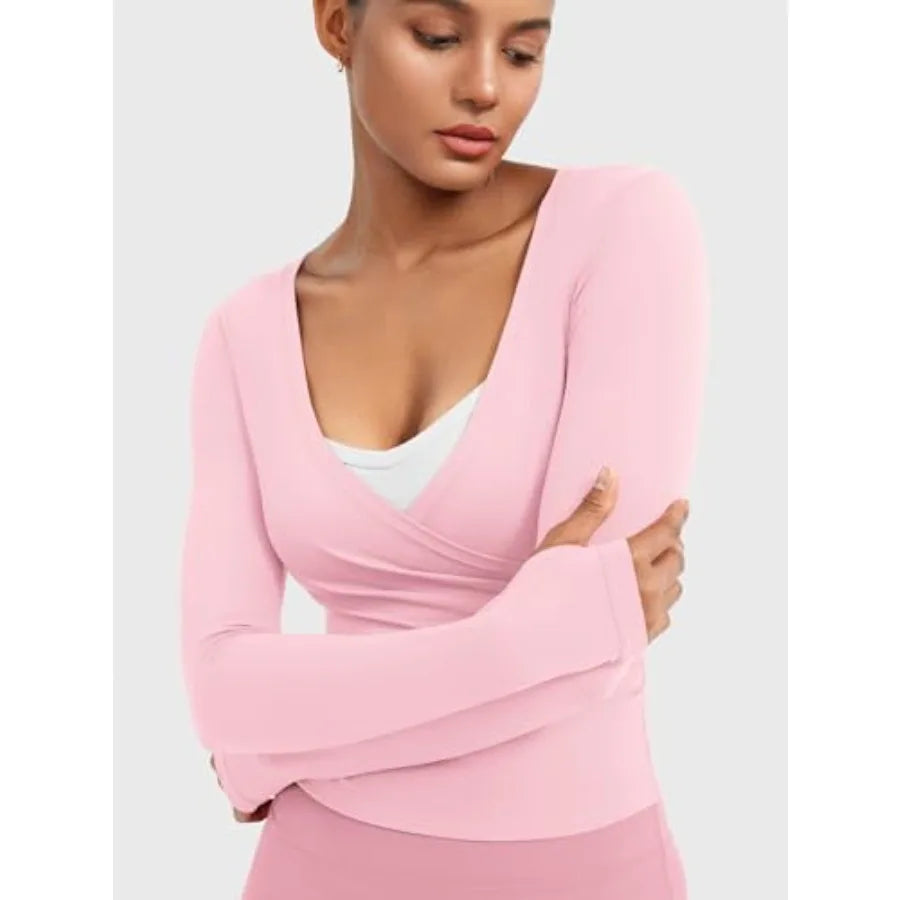 Ease Women Workout Wrap Top Long Sleeve with Thumb Holes V Neck Basic Shirts for Yoga Pilates Going Out Shrug Blouse