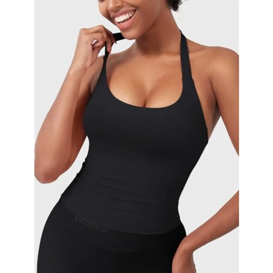 SoftHue Women's Impact Halter Tank Top Longline Backless Scoop Neck Built-in Bra Sports Workout Gym Crop Top