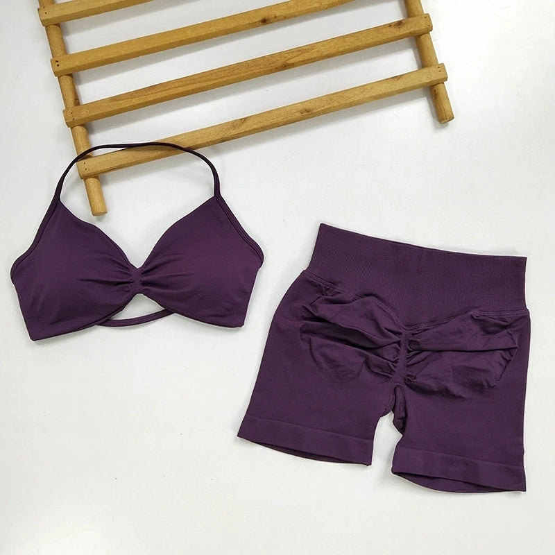 Women's Halter Neck Sports Bra & High Waist Leggings Set - Moisture-Wicking, 4-Way Stretch, Removable Pads, Complete Workout Out