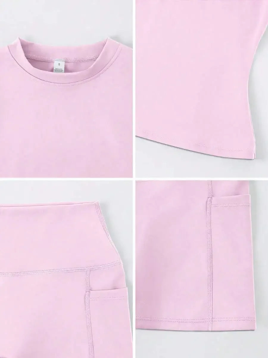 Women's Sweet Sports Short Sleeve High Waist Tummy Control Butt Lifting Shorts Set