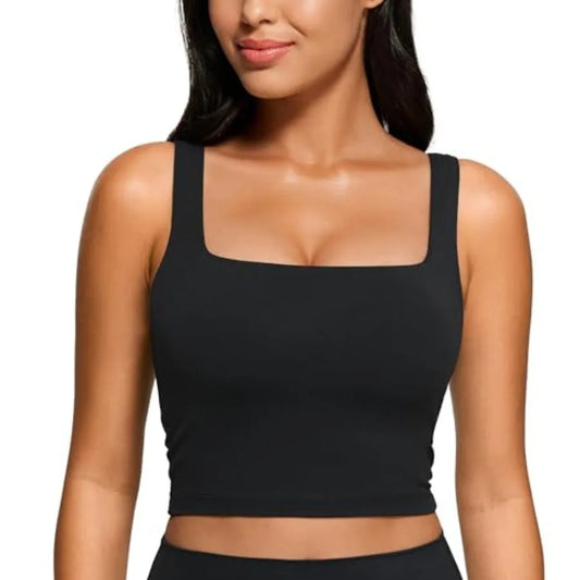 Square Neck Crop Tank Tops for Women - Workout Longline Sports Bras Padded Yoga Camisole