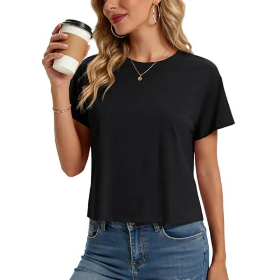 Workout Crop Tops for Women Short Sleeve Cotton Athletic Yoga Top Loose Casual Crewneck Cropped T Shirts