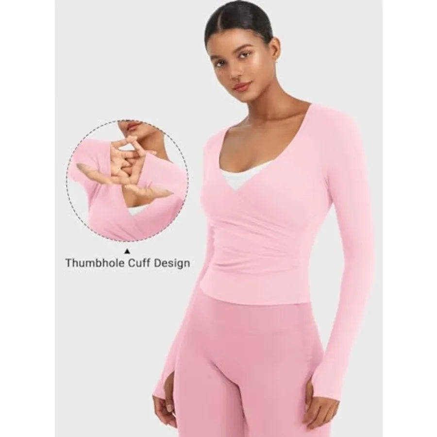 Ease Women Workout Wrap Top Long Sleeve with Thumb Holes V Neck Basic Shirts for Yoga Pilates Going Out Shrug Blouse