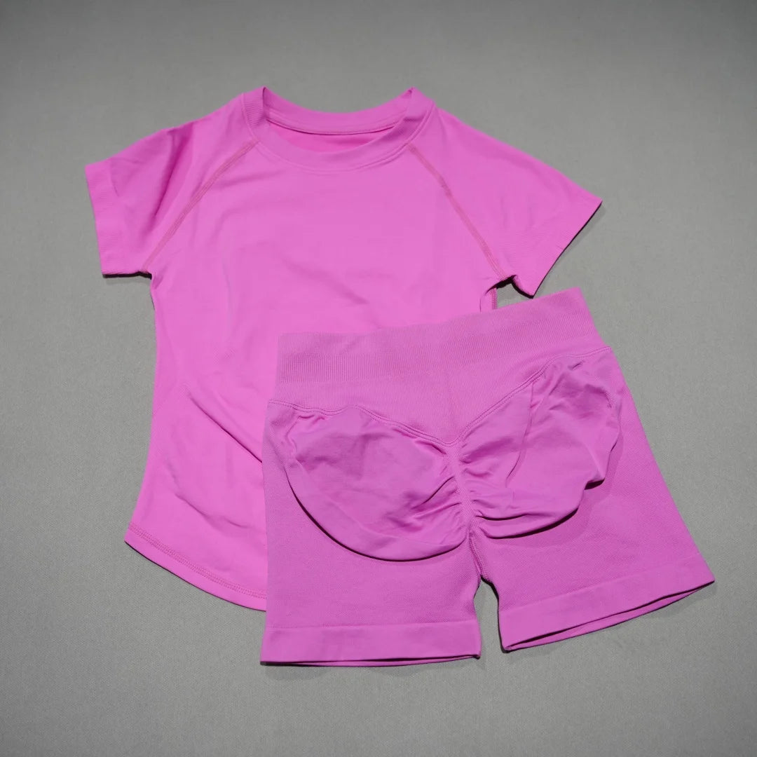 DFDK New Women 2PCS Seamless Yoga Suit Short Sleeve Top High Waist Shorts Quick Dry Breathable Gym Fitness Running Workout Sport