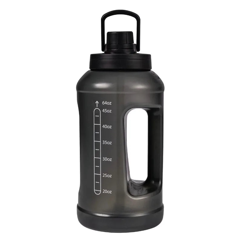 64 Fluid Ounces Water Bottle, Translucent Black, with Straw/ Chug 2 in 1 Lid, Light Weight, Reusable, Plastic