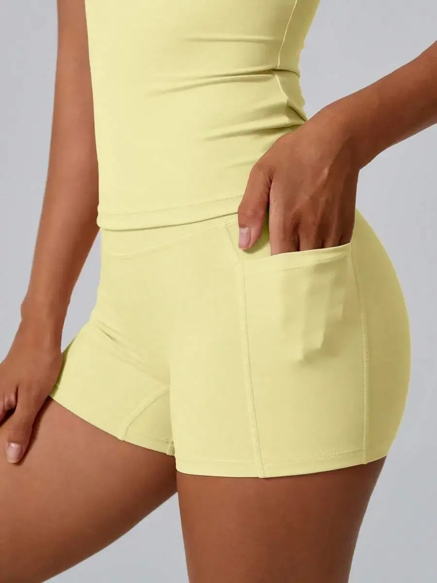 Women's Sweet Sports Short Sleeve High Waist Tummy Control Butt Lifting Shorts Set