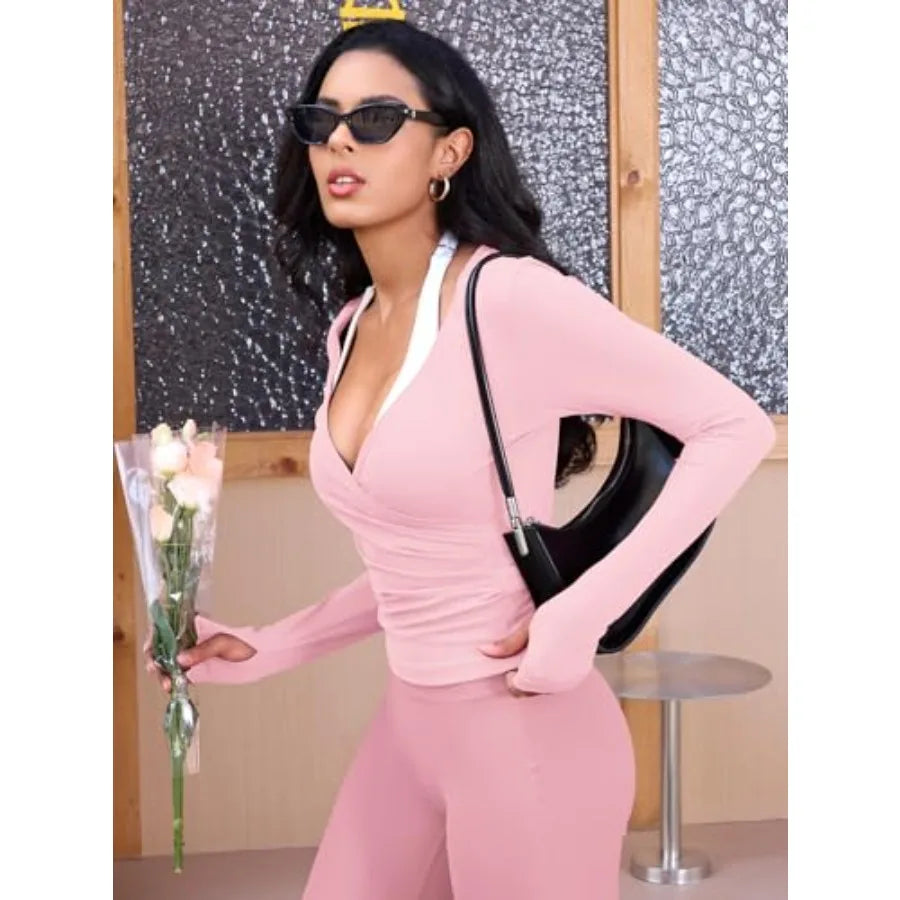 Ease Women Workout Wrap Top Long Sleeve with Thumb Holes V Neck Basic Shirts for Yoga Pilates Going Out Shrug Blouse