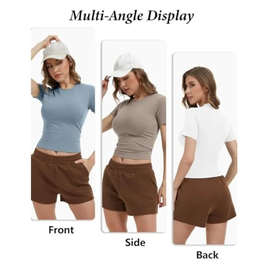 Women's 4 Pack Workout Shirts Compression Short Sleeve Crew Neck Running Yoga Gym Athletic Fitted Crop T-Shirts Top