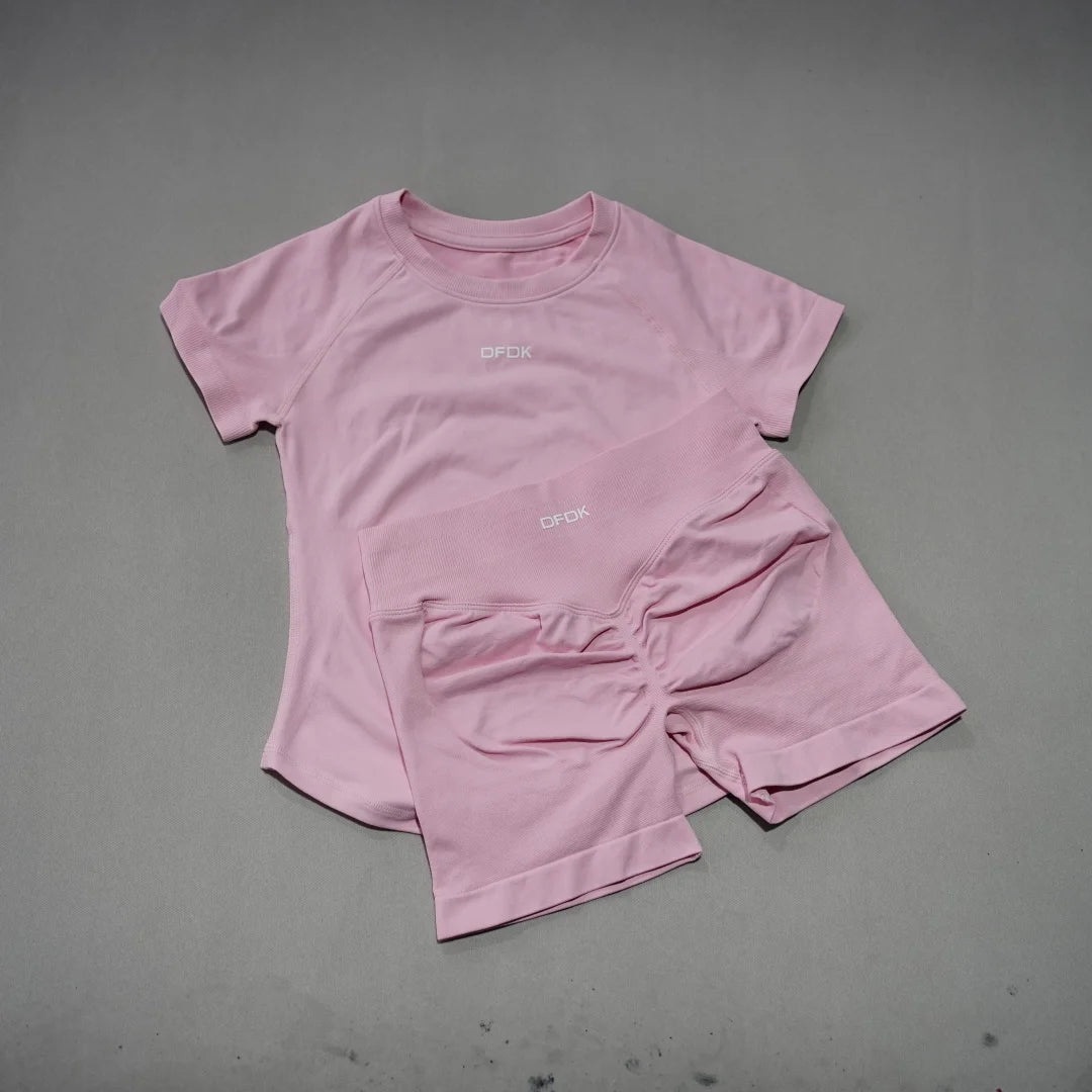 DFDK New Women 2PCS Seamless Yoga Suit Short Sleeve Top High Waist Shorts Quick Dry Breathable Gym Fitness Running Workout Sport