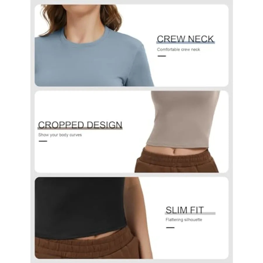 Women's 4 Pack Workout Shirts Compression Short Sleeve Crew Neck Running Yoga Gym Athletic Fitted Crop T-Shirts Top