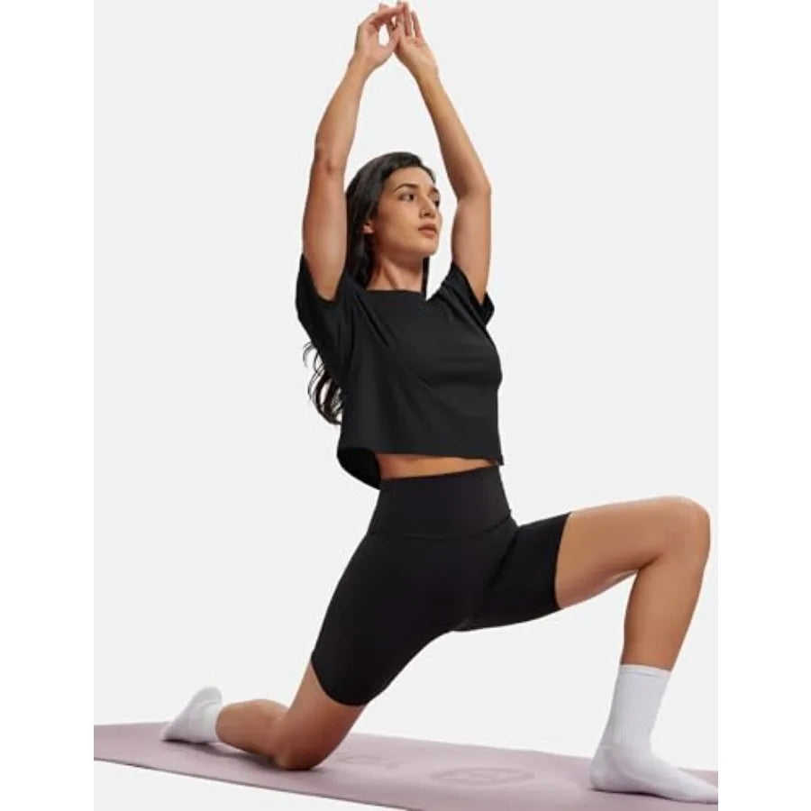 Workout Crop Tops for Women Short Sleeve Cotton Athletic Yoga Top Loose Casual Crewneck Cropped T Shirts