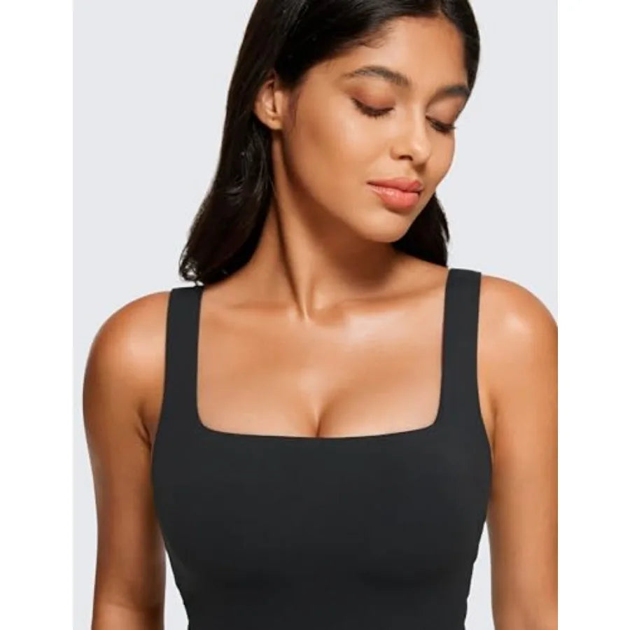 Square Neck Crop Tank Tops for Women - Workout Longline Sports Bras Padded Yoga Camisole