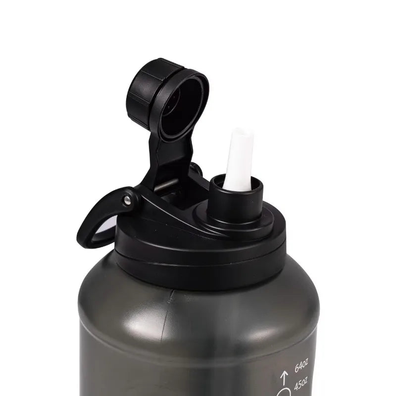 64 Fluid Ounces Water Bottle, Translucent Black, with Straw/ Chug 2 in 1 Lid, Light Weight, Reusable, Plastic