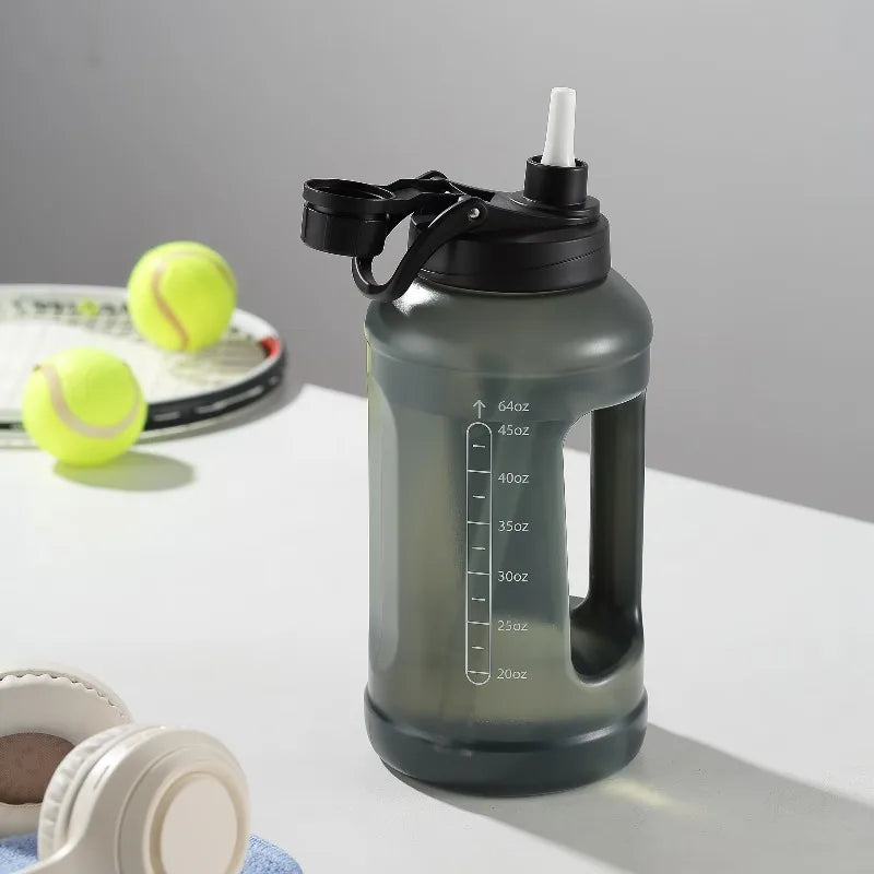64 Fluid Ounces Water Bottle, Translucent Black, with Straw/ Chug 2 in 1 Lid, Light Weight, Reusable, Plastic